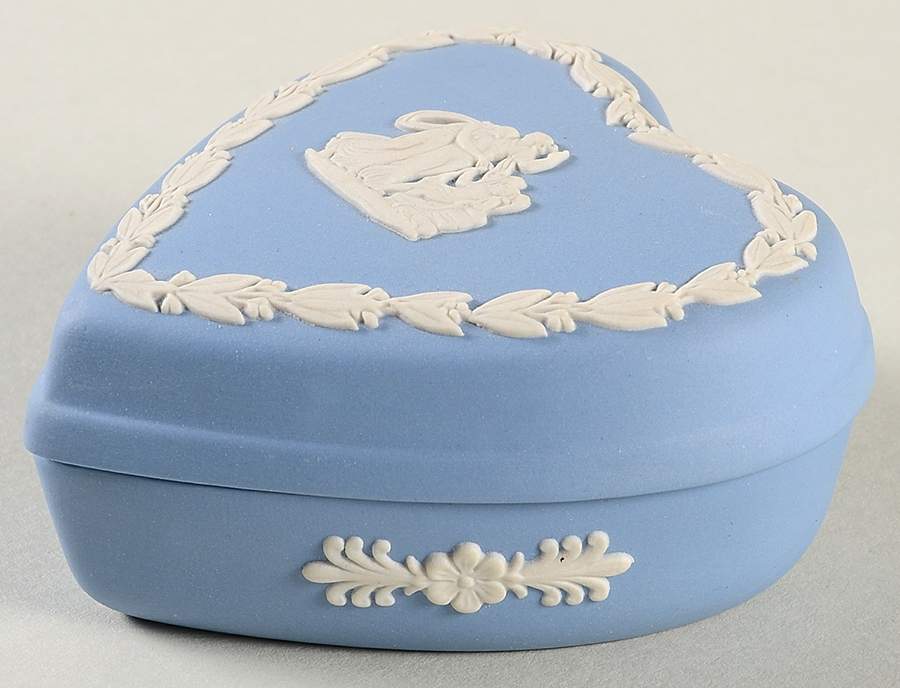 Cream Color on Lavender (Pale Blue) Jasperware Heart Shape Box & Lid by Wedgwood-1