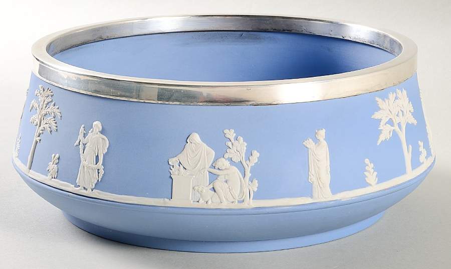 Cream Color on Lavender (Pale Blue) Jasperware 8" Salad Serving Bowl W/Metal Rim by Wedgwood-1