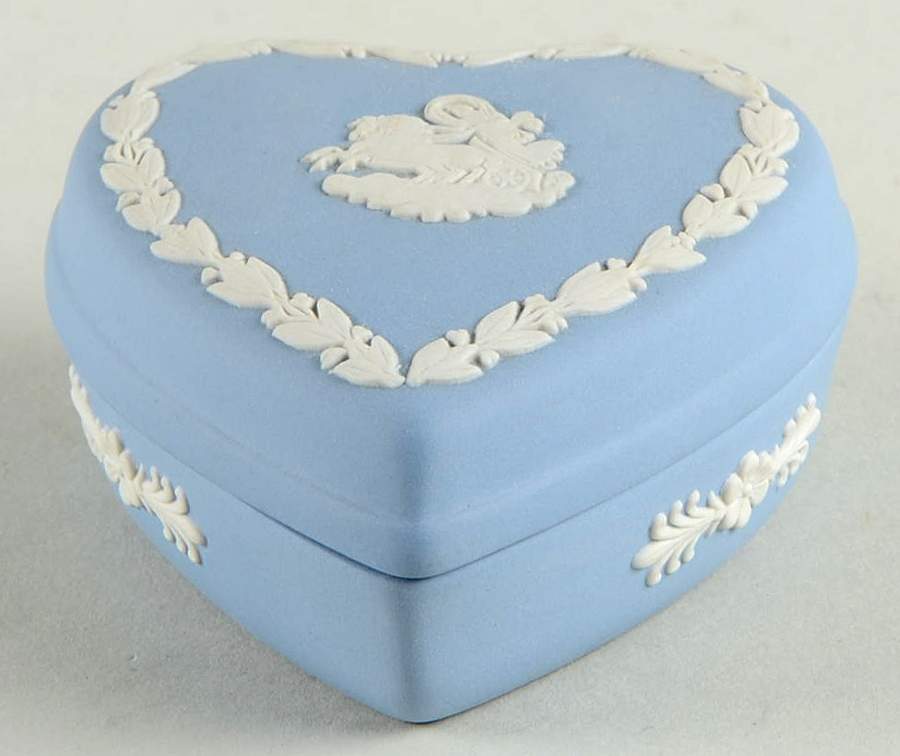 Cream Color on Lavender (Pale Blue) Jasperware Heart Shape Box & Lid by Wedgwood-1