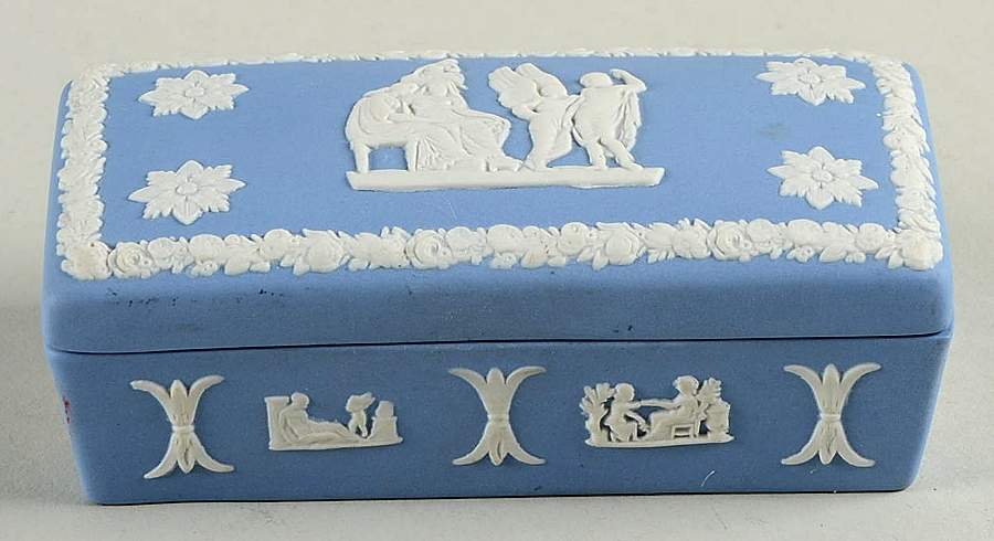Cream Color on Lavender (Pale Blue) Jasperware Rectangular Box with Lid by Wedgwood-1