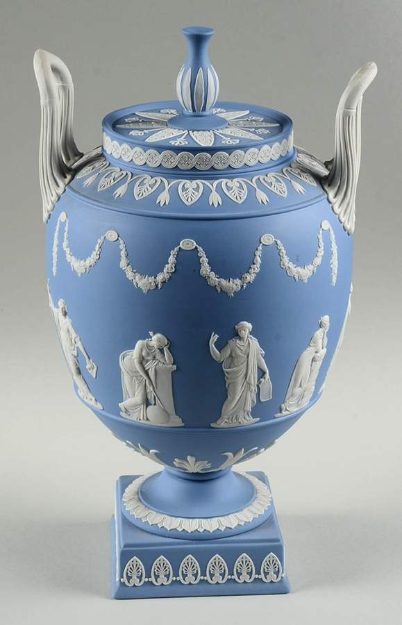 Cream Color on Lavender (Pale Blue) Jasperware Muses Urn Vase by Wedgwood-1