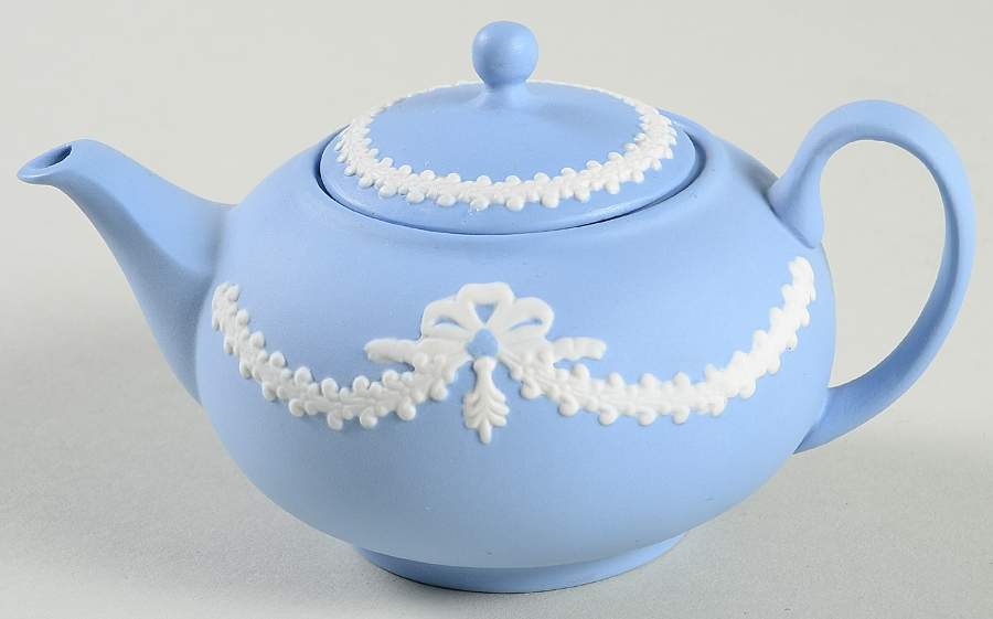 Cream Color on Lavender (Pale Blue) Jasperware Miniature Teapot & Lid by Wedgwood-1