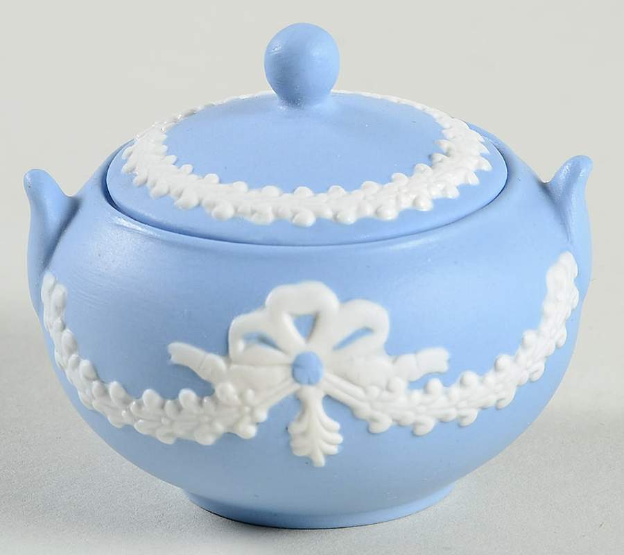 Cream Color on Lavender (Pale Blue) Jasperware Miniature Sugar Bowl & Lid by Wedgwood-1