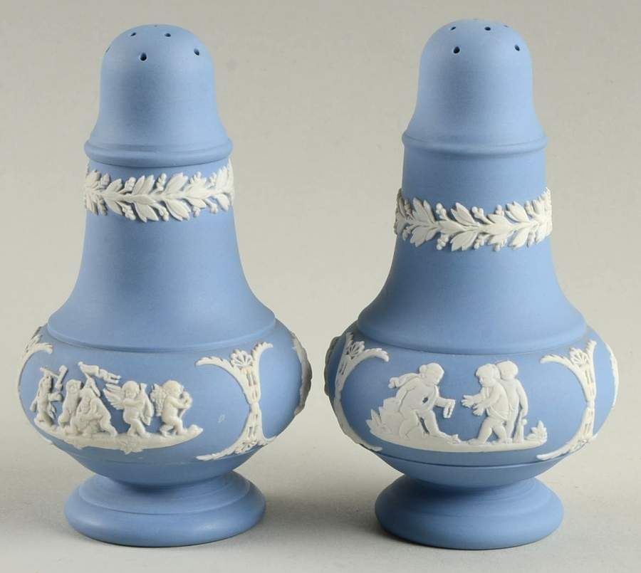 Cream Color on Lavender (Pale Blue) Jasperware Salt & Pepper Set by Wedgwood-1