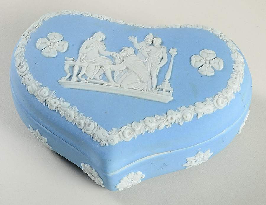 Cream Color on Lavender (Pale Blue) Jasperware 5" Heart Shape Box & Lid by Wedgwood-1