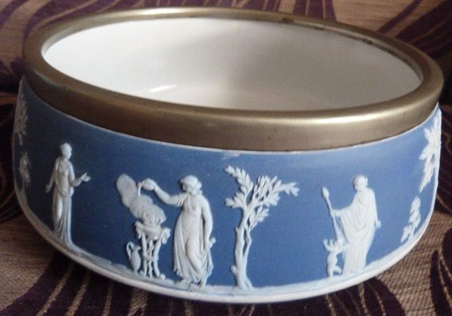 Cream Color on Lavender (Pale Blue) Jasperware 9" Serving Bowl w/Metal Rim by Wedgwood-1