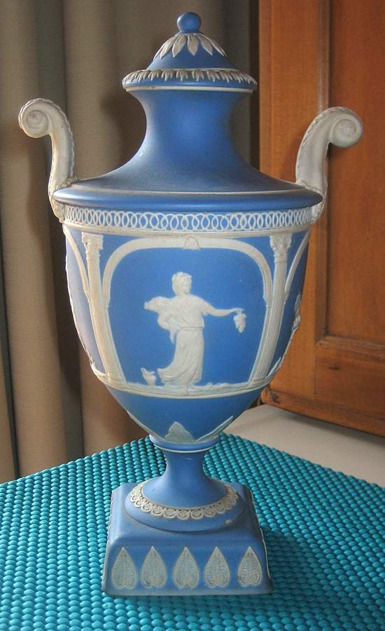 Cream Color on Lavender (Pale Blue) Jasperware 11" Vase/Urn & Lid by Wedgwood-1