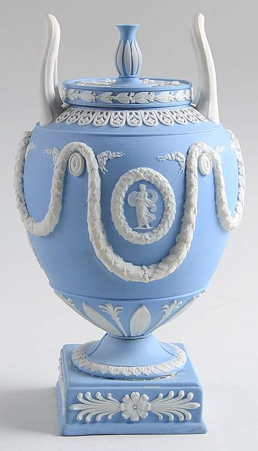 Cream Color on Lavender (Pale Blue) Jasperware 8" Vase/Urn & Lid by Wedgwood-1