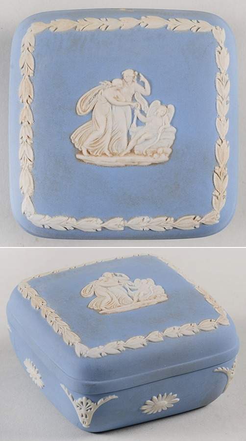 Cream Color on Lavender (Pale Blue) Jasperware Square Box with Lid by Wedgwood-1