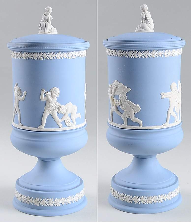 Cream Color on Lavender (Pale Blue) Jasperware Vase/Urn with Lid by Wedgwood-1