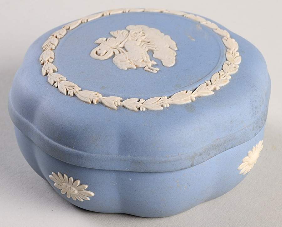 Cream Color on Lavender (Pale Blue) Jasperware Small Scalloped Candy Box by Wedgwood-1