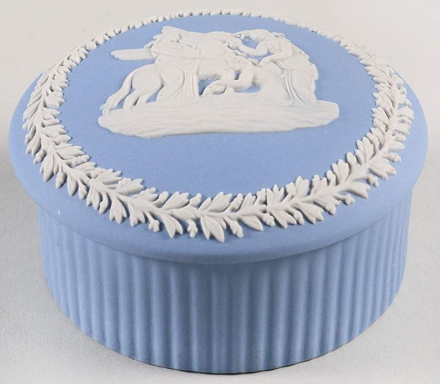Cream Color on Lavender (Pale Blue) Jasperware 2" Round Fluted Box & Lid by Wedgwood-1