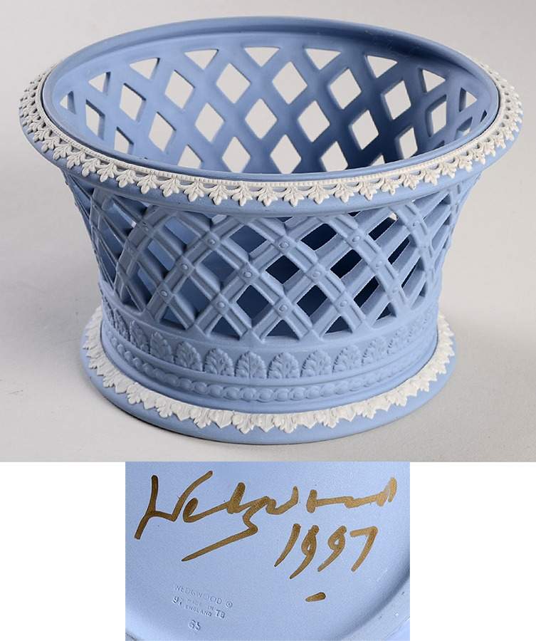 Cream Color on Lavender (Pale Blue) Jasperware 6'' Pierced Round Bowl by Wedgwood-1