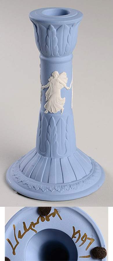 Cream Color on Lavender (Pale Blue) Jasperware 6" Candlestick by Wedgwood-1