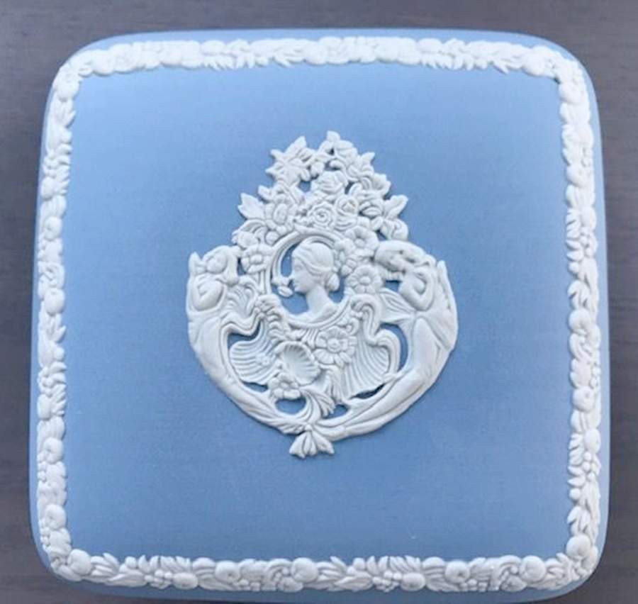 Cream Color on Lavender (Pale Blue) Jasperware Square Box & Lid by Wedgwood-1