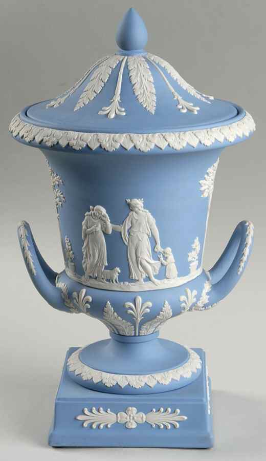 Cream Color on Lavender (Pale Blue) Jasperware Vase/Urn & Lid by Wedgwood-1