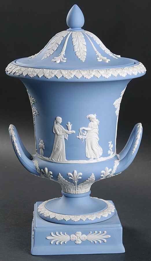 Cream Color on Lavender (Pale Blue) Jasperware Vase/Urn & Lid by Wedgwood-1