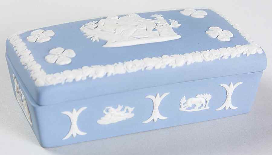 Cream Color on Lavender (Pale Blue) Jasperware 3" Rectangular Box & Lid by Wedgwood-1