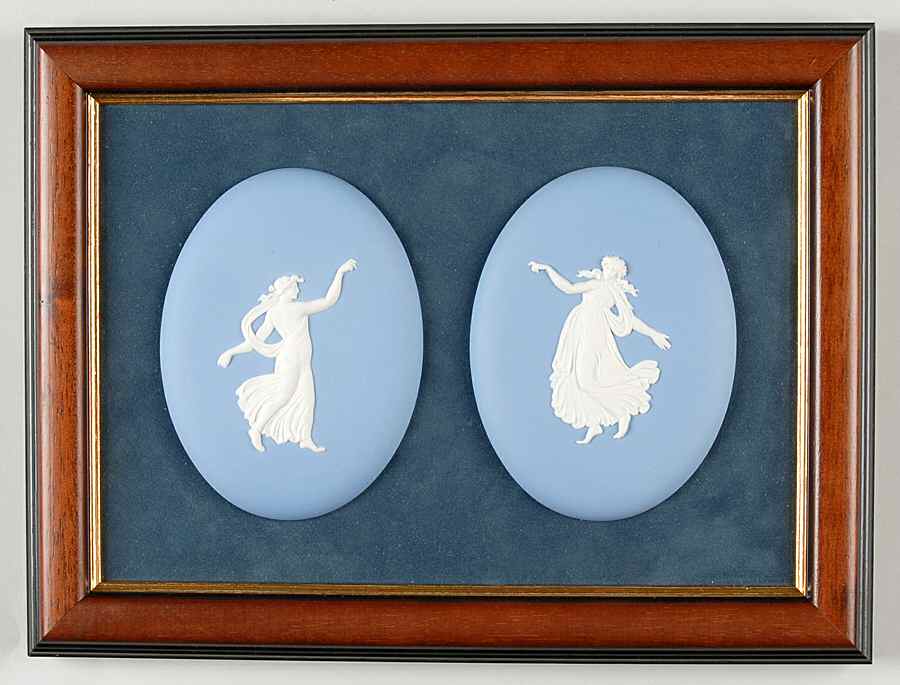 Cream Color on Lavender (Pale Blue) Jasperware Double Plaque with Wood Frame by Wedgwood-1
