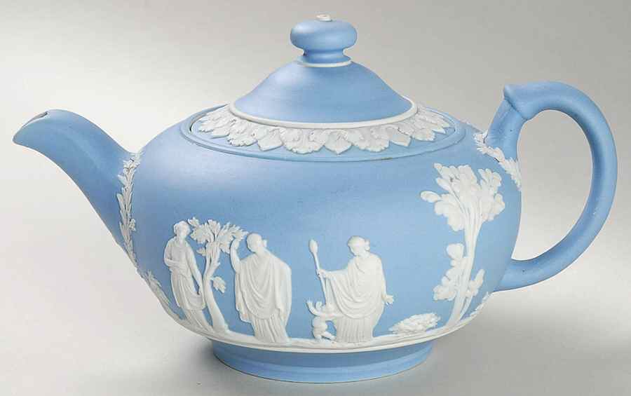 Cream Color on Lavender (Pale Blue) Jasperware Mini Teapot & Lid by Wedgwood-1