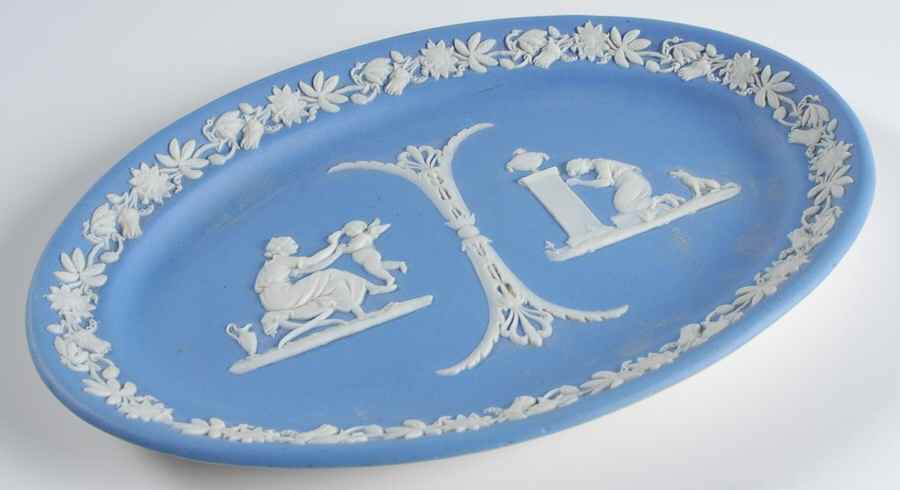 Cream Color on Lavender (Pale Blue) Jasperware 9" Oval Tray by Wedgwood-1
