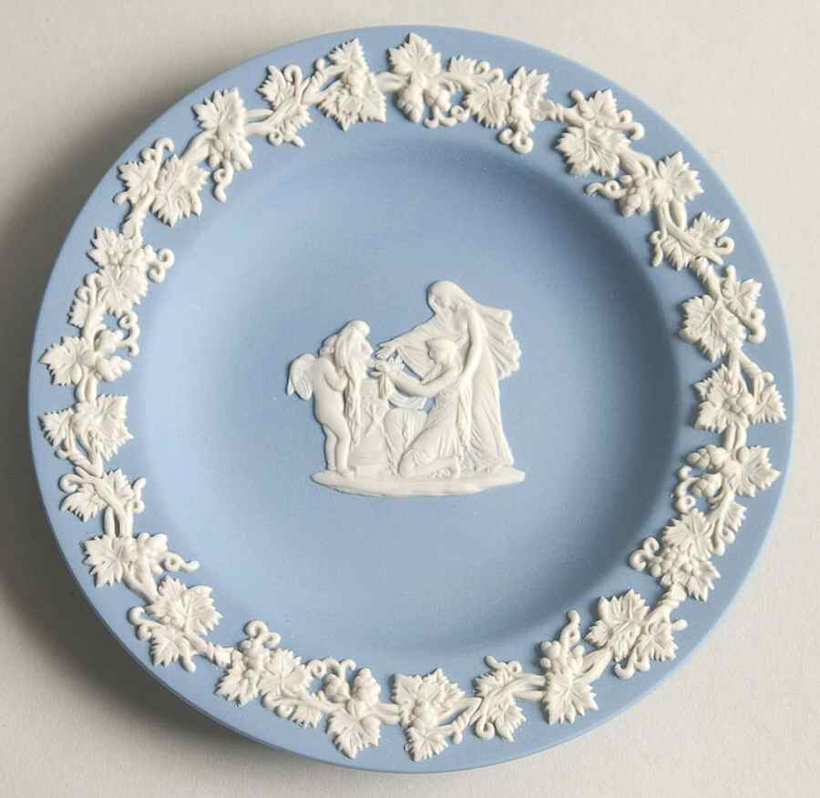 Cream Color on Lavender (Pale Blue) Jasperware 4" Round Tray by Wedgwood-1