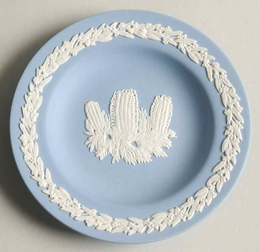 Cream Color on Lavender (Pale Blue) Jasperware 4" Round Tray by Wedgwood-1