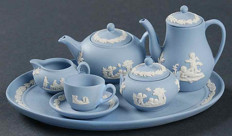 Cream Color on Lavender (Pale Blue) Jasperware 10 Piece Miniature Tea/Coffee Set by Wedgwood-1