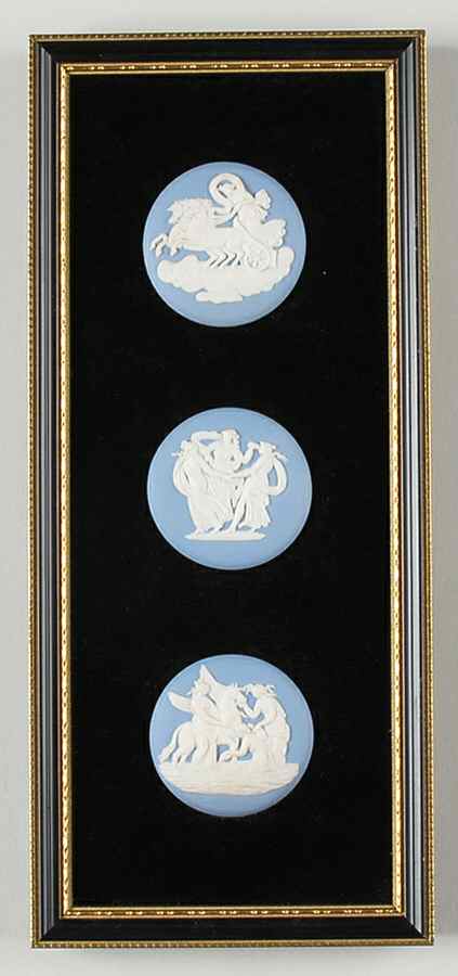 Cream Color on Lavender (Pale Blue) Jasperware Triple Plaque with Wood Frame by Wedgwood-1