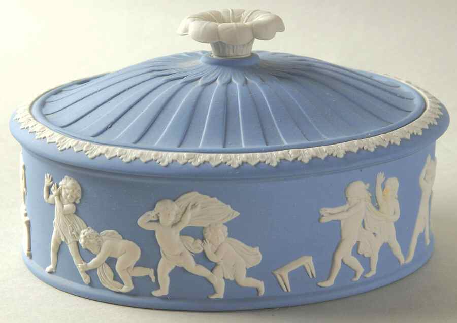 Cream Color on Lavender (Pale Blue) Jasperware Cupid Covered Box by Wedgwood-1