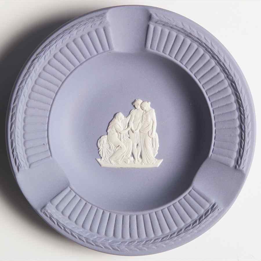 Cream Color on Lavender (Pale Blue) Jasperware Round Fluted 3-Slot Ashtray by Wedgwood-1