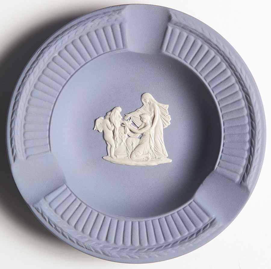 Cream Color on Lavender (Pale Blue) Jasperware Round Fluted 3-Slot Ashtray by Wedgwood-1