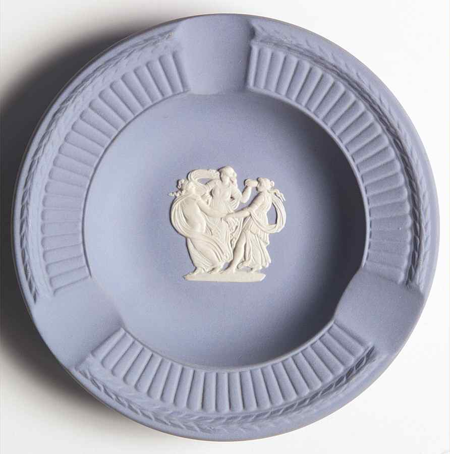 Cream Color on Lavender (Pale Blue) Jasperware Round Fluted 3-Slot Ashtray by Wedgwood-1