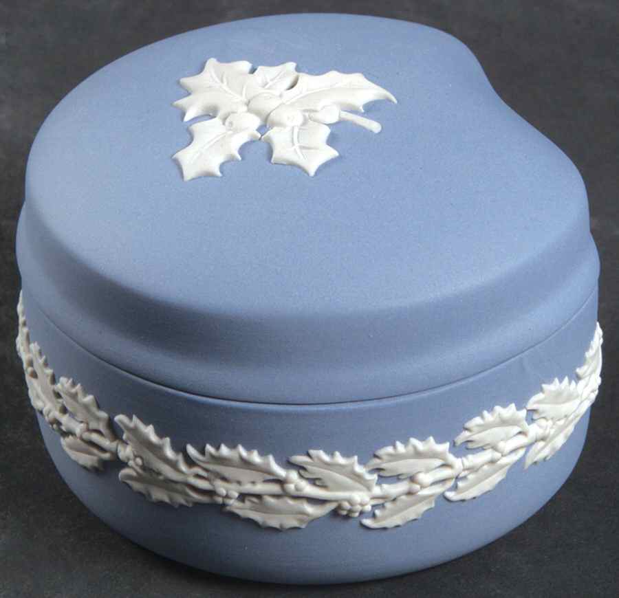 Cream Color on Lavender (Pale Blue) Jasperware Bean Box & Lid by Wedgwood-1