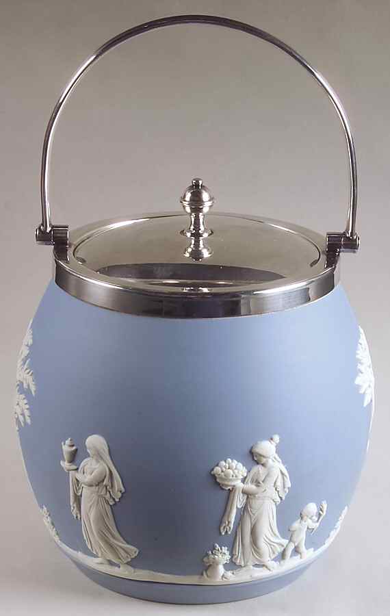 Cream Color on Lavender (Pale Blue) Jasperware Biscuit Barrel & Lid by Wedgwood-1