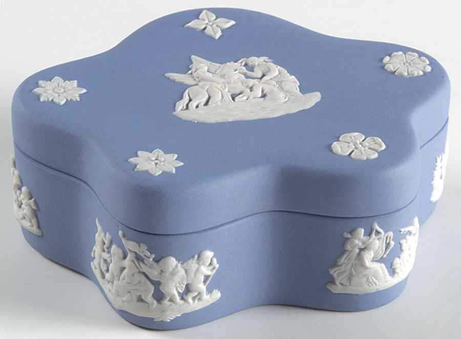 Cream Color on Lavender (Pale Blue) Jasperware Pentefoil Box & Lid by Wedgwood-1