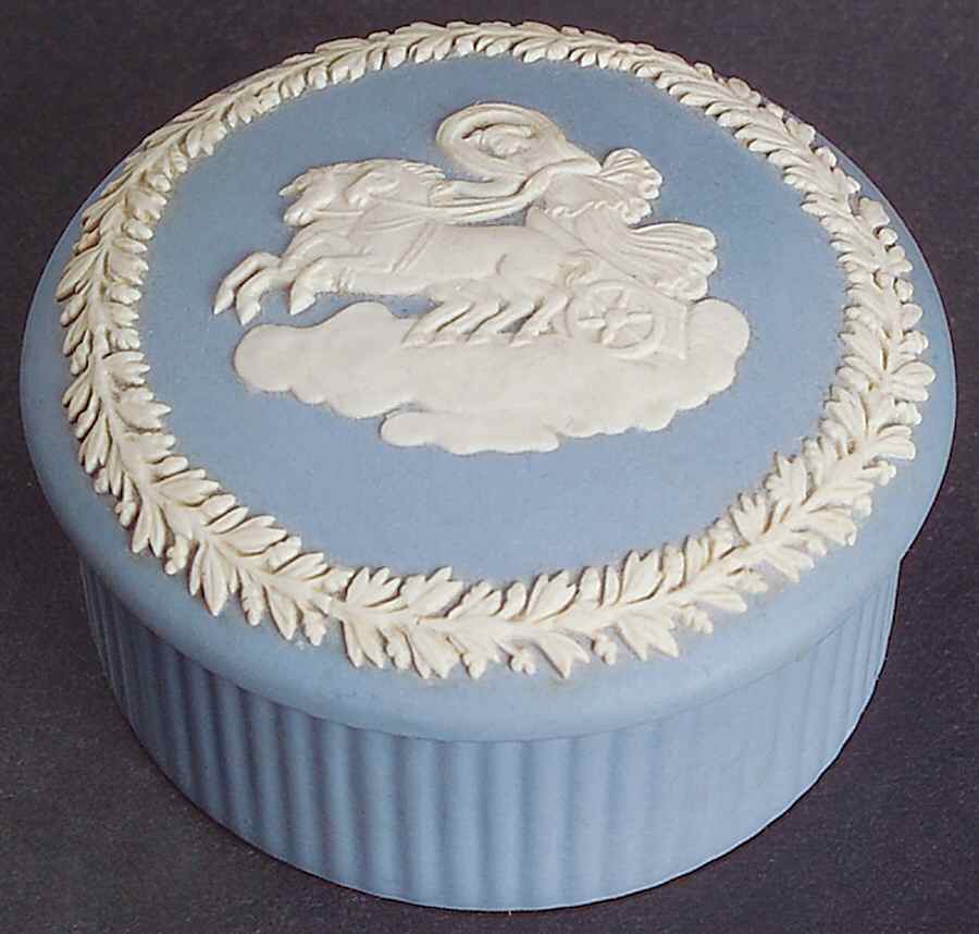 Cream Color on Lavender (Pale Blue) Jasperware 2" Round Fluted Box W/Lid by Wedgwood-1