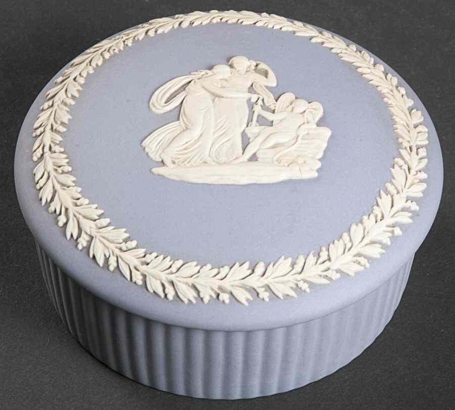 Cream Color on Lavender (Pale Blue) Jasperware 3" Round Fluted Box & Lid by Wedgwood-1