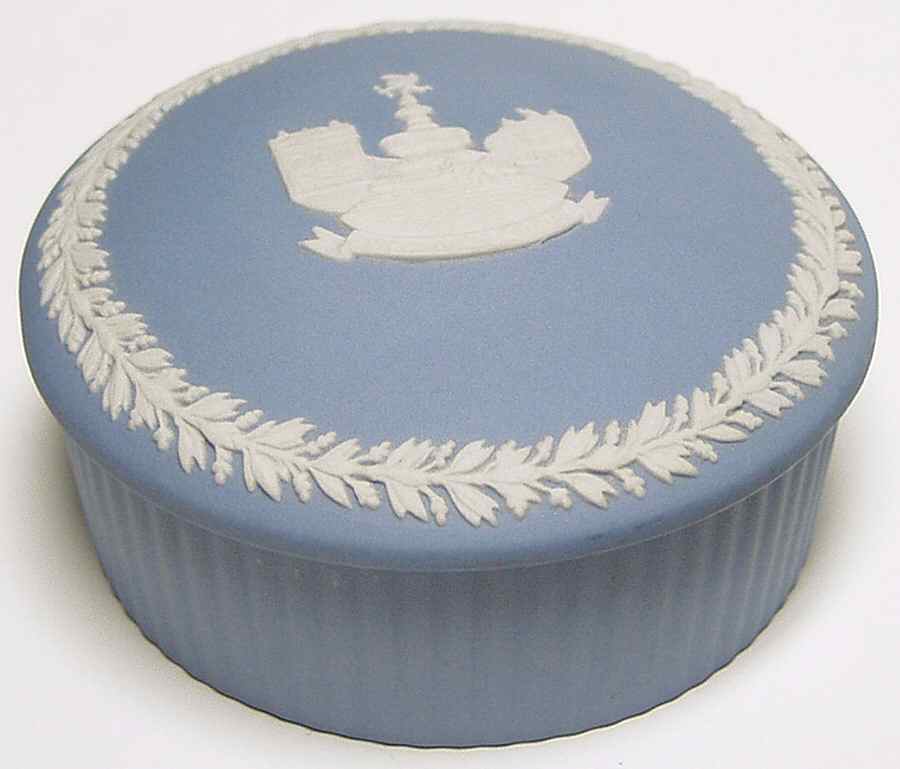 Cream Color on Lavender (Pale Blue) Jasperware 3" Fluted Round Box & Lid by Wedgwood-1