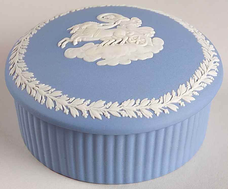 Cream Color on Lavender (Pale Blue) Jasperware 3" Fluted Round Box & Lid by Wedgwood-1