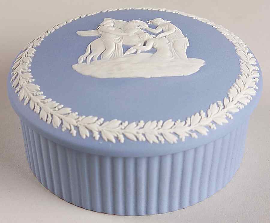 Cream Color on Lavender (Pale Blue) Jasperware 3" Fluted Round Box & Lid by Wedgwood-1