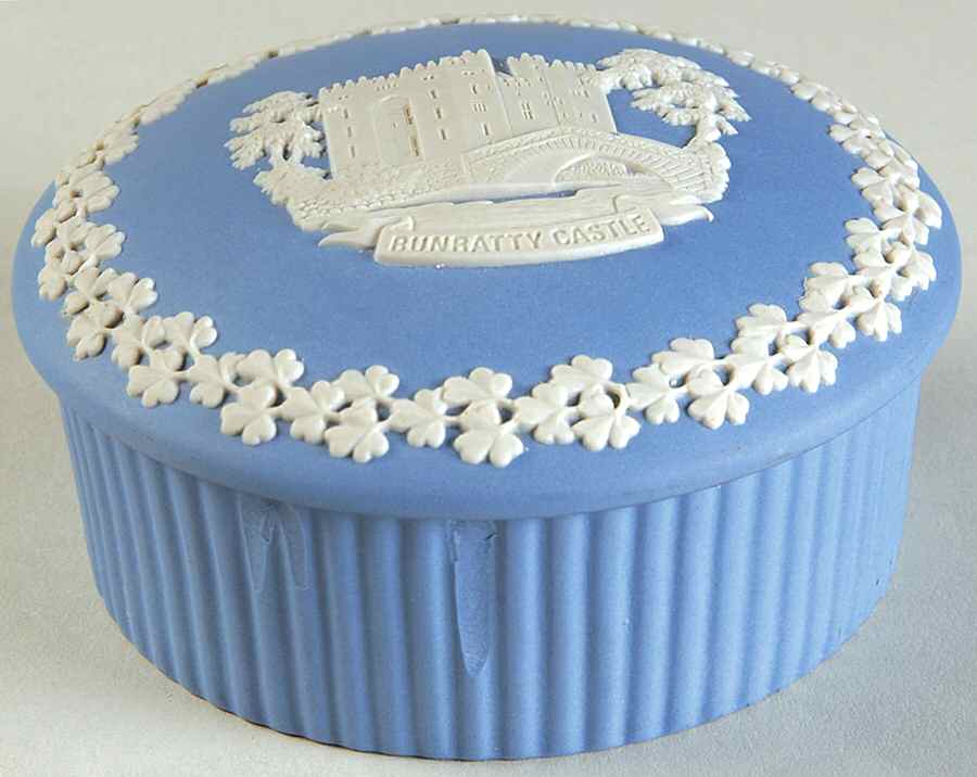 Cream Color on Lavender (Pale Blue) Jasperware 3" Round Fluted Box W/Lid by Wedgwood-1