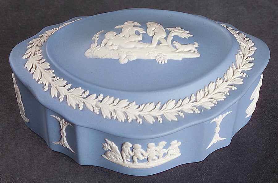 Cream Color on Lavender (Pale Blue) Jasperware Silver/Candy Box & Lid by Wedgwood-1