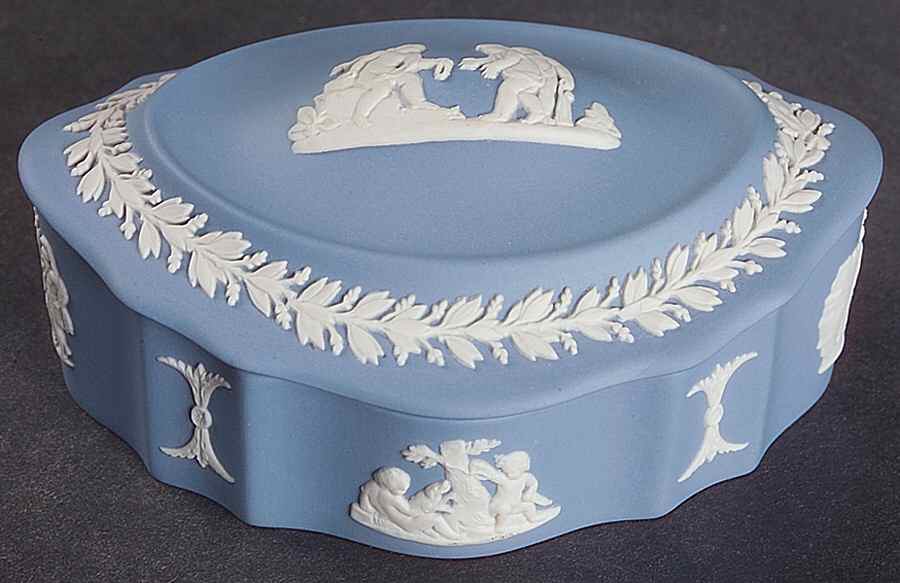 Cream Color on Lavender (Pale Blue) Jasperware Silver/Candy Box & Lid by Wedgwood-1