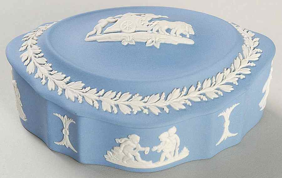 Cream Color on Lavender (Pale Blue) Jasperware Silver/Candy Box & Lid by Wedgwood-1