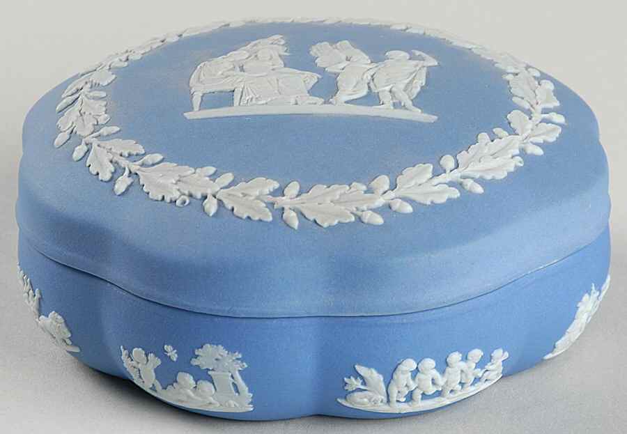 Cream Color on Lavender (Pale Blue) Jasperware Large Scalloped Candy Box & Lid by Wedgwood-1