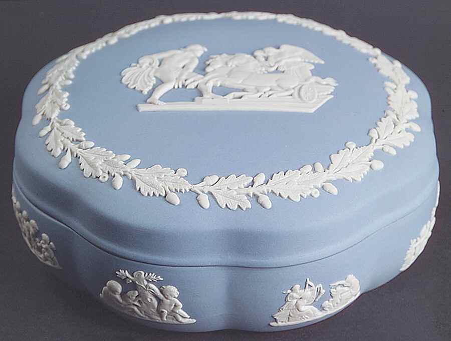 Cream Color on Lavender (Pale Blue) Jasperware Large Scalloped Candy Box & Lid by Wedgwood-1