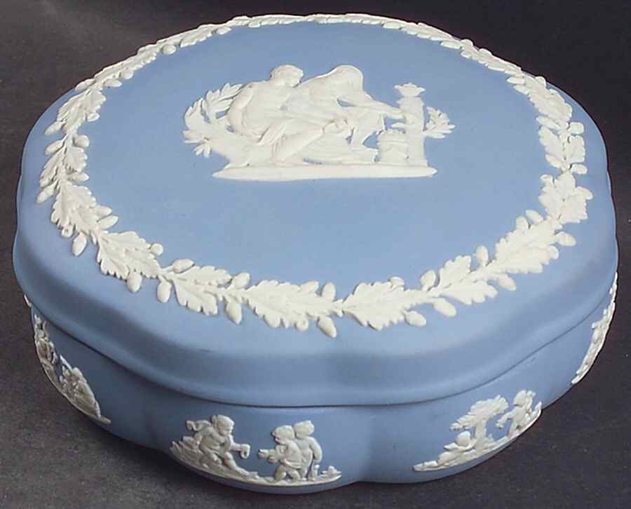 Cream Color on Lavender (Pale Blue) Jasperware Large Scalloped Candy Box & Lid by Wedgwood-1