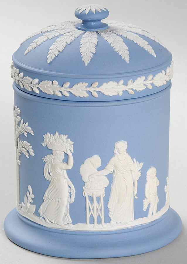 Cream Color on Lavender (Pale Blue) Jasperware Cigarette Jar & Lid by Wedgwood-1