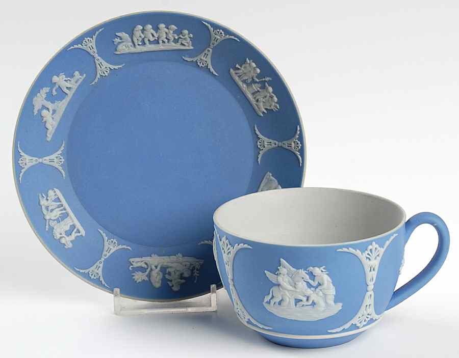 Cream Color on Lavender (Pale Blue) Jasperware Flat Cup & Saucer Set by Wedgwood-1